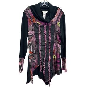 CHAGALL Art to Wear Graphic Print NYC Street Asymmetrical Tunic Top XL Black